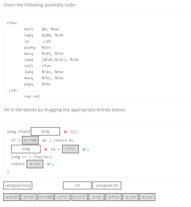 Given the following assembly code rfun: $100, %-di cmpq ja pushq