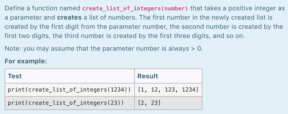 in python please Define a function named create_list_of_integers (number) that takes a