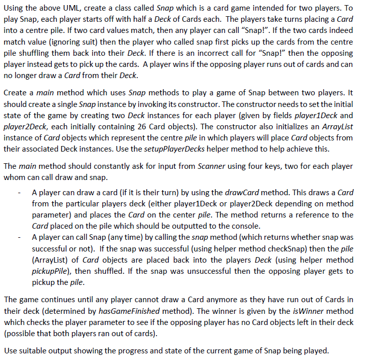 MAX_SIZE 52: int +Deck() +Deck(fullDeck:boolean) initialiseFullDeck): void +drawCard) Card +placeCard(card : Card):