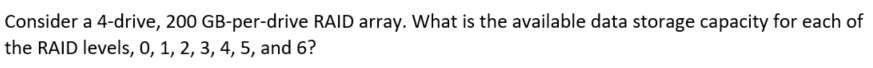 Consider a 4-drive, 200 GB-per-drive RAID array. What is the available