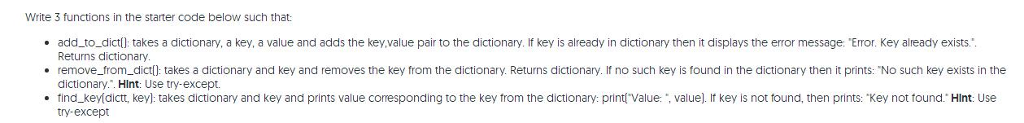  Write 3 functions in the starter code below such that: add