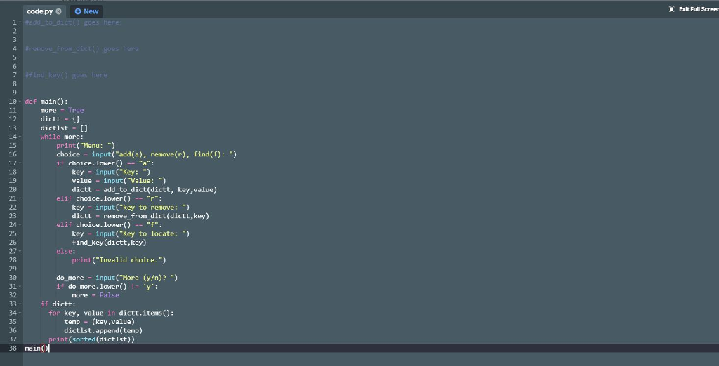 to_dictl: takes a dictionary, a key, a value and adds the key