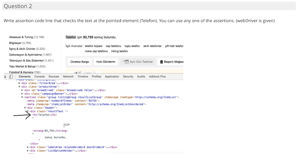 Write assertion code line that checks the text at the pointed element