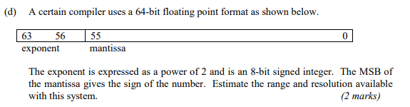  (d) A certain compiler uses a 64-bit floating point format as