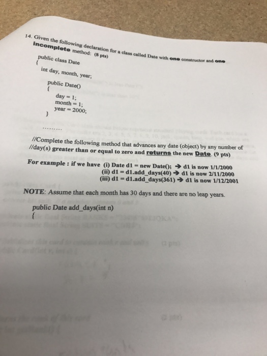  Given the following declaration for a class called Date with one