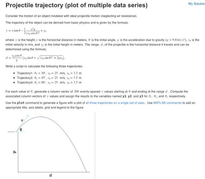  Projectile trajectory (plot of multiple data series) My Solution Consider the