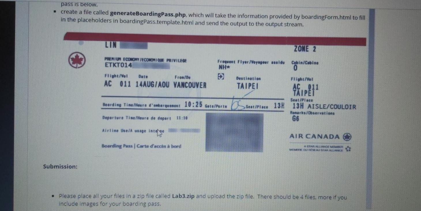 in information for a boarding pass and generate a HTML file for