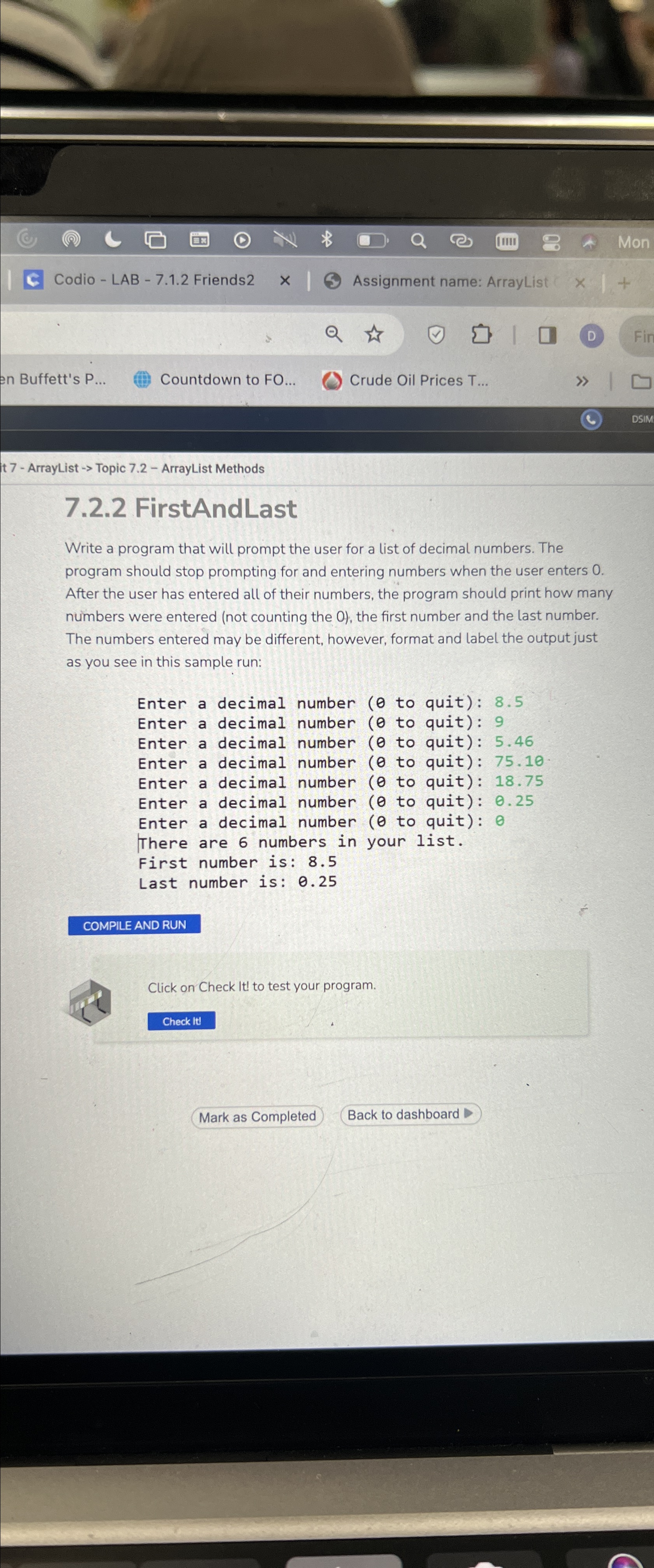  Codio - LAB -7.1.2 Friends2 Assignment name: ArrayList en Buffett's P...