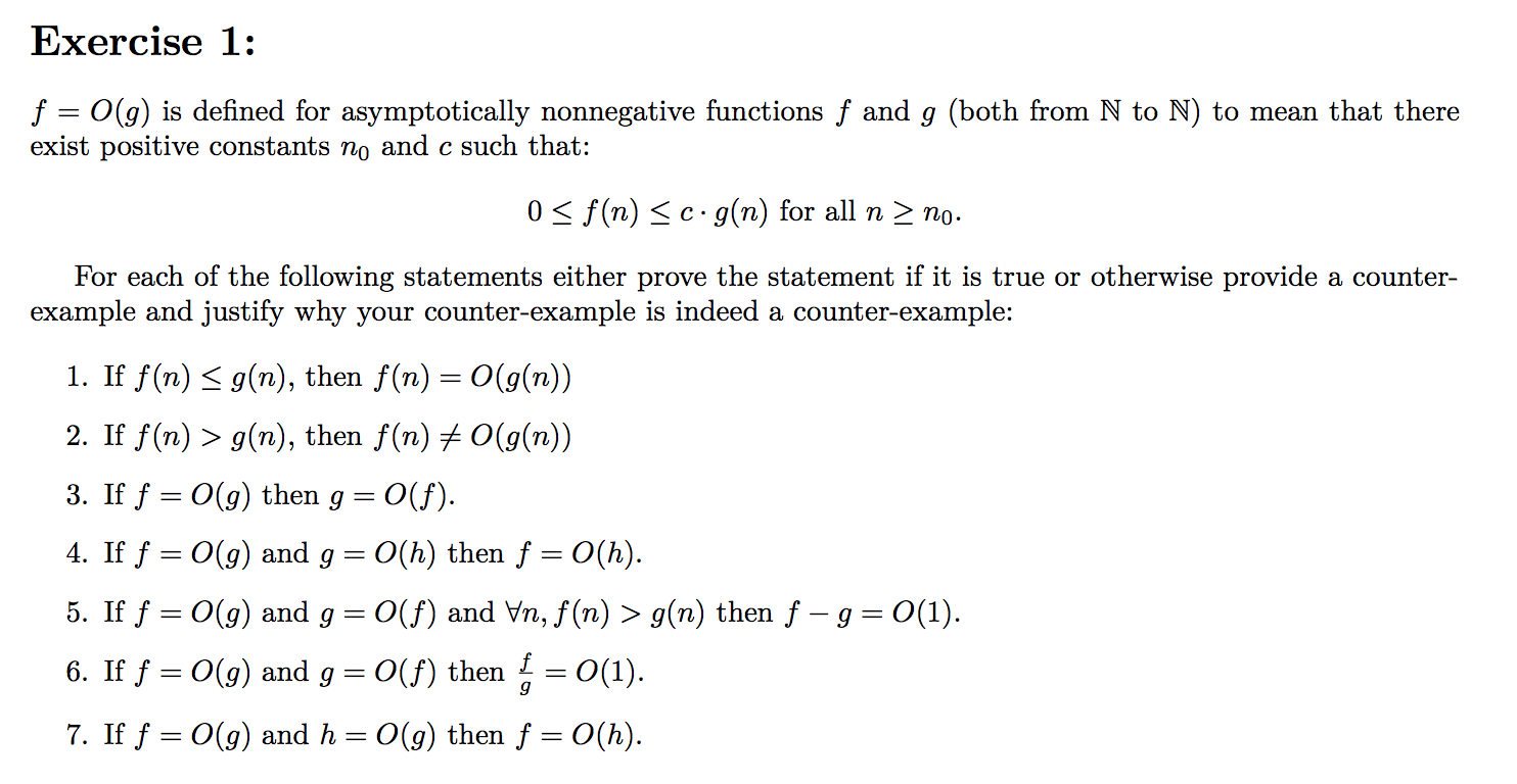  Exercise 1: f = O(g) is defined for asymptotically nonnegative functions