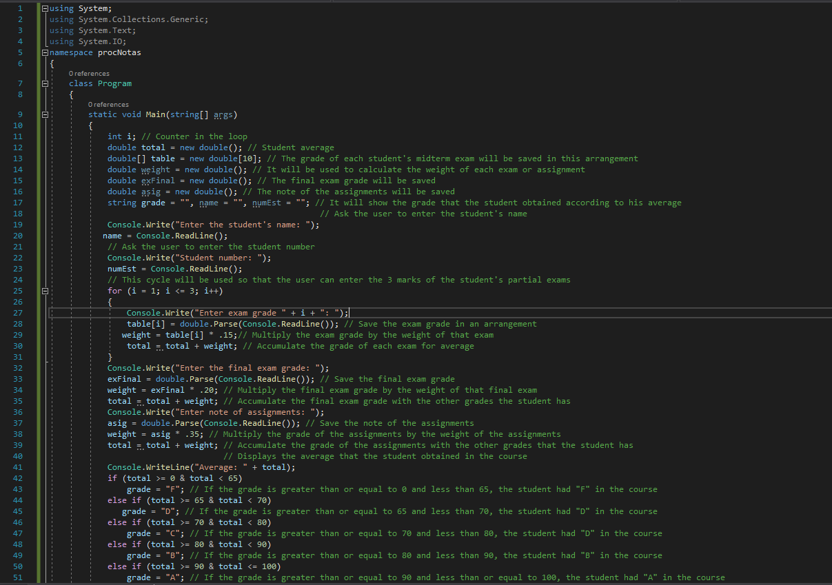 Using Visual Studio create the procNotas console application in Visual C #.