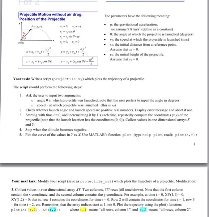  Can someone do this matlab code for the 2 task Projectile