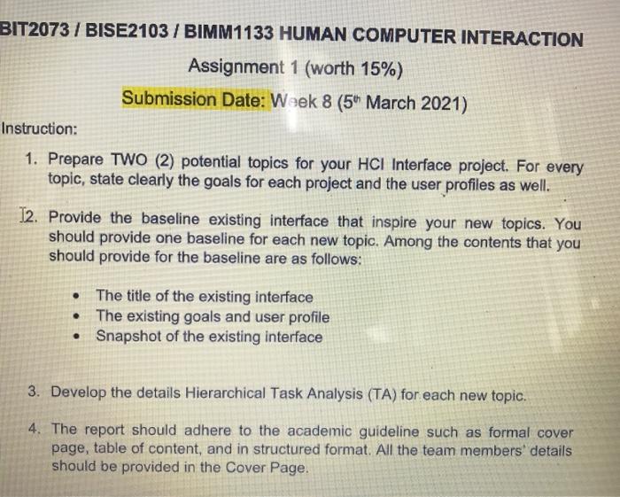  BIT2073 / BISE2103 / BIMM1133 HUMAN COMPUTER INTERACTION Assignment 1 (worth