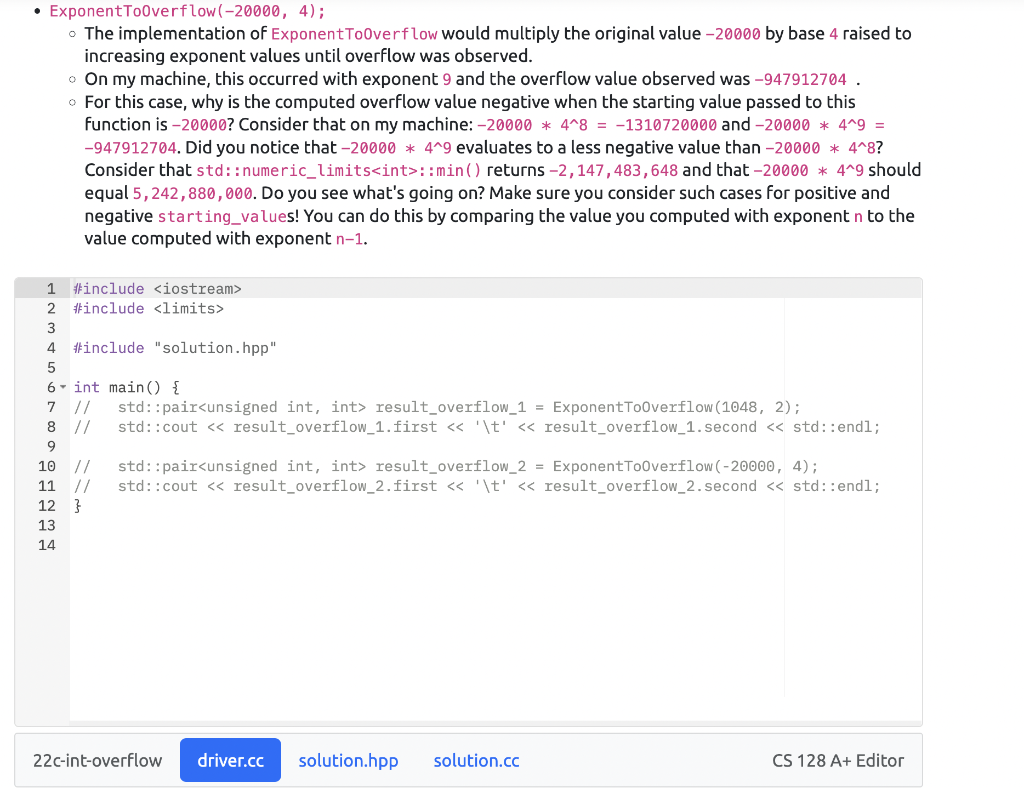 ExponentTooverflow with parameters int starting_value value and an unsigned int base. The