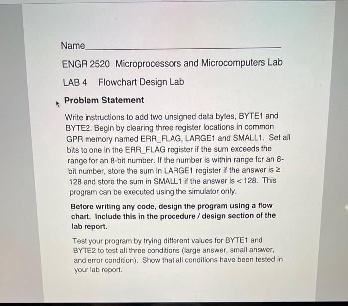 Name ENGR 2520 Microprocessors and Microcomputers Lab LAB 4 Flowchart Design