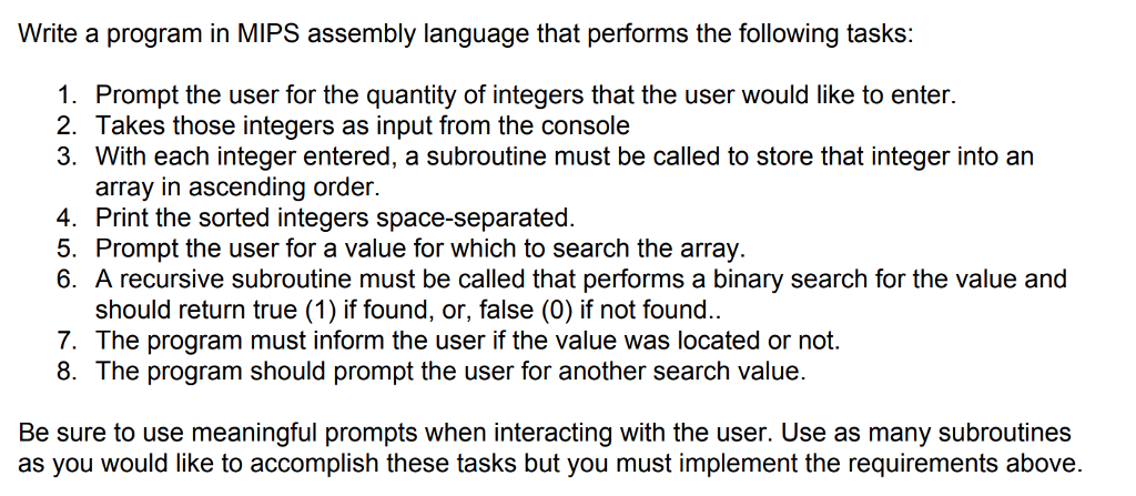  Write a program in MIPS assembly language that performs the following