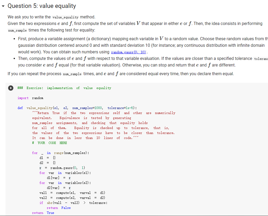  help fix it Question 5: value equality We ask you to