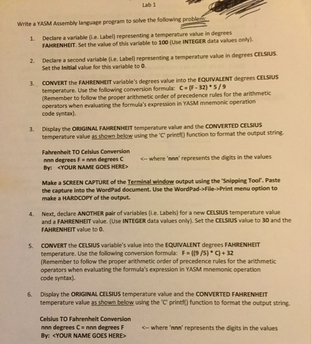  Lab 1 Write a YASM Assembly language program to solve the