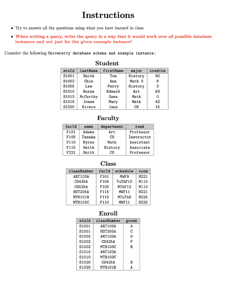 RELATIONAL ALGEBRA, NOT SQL! Instructions Try to answer all the questions using