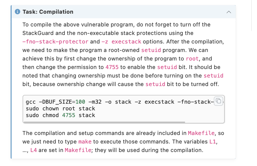 sudo chown root stack sudo chmod 4755 stack ---------------------------------------------------------------------------------------------------------------------------------- 4. Task 2: