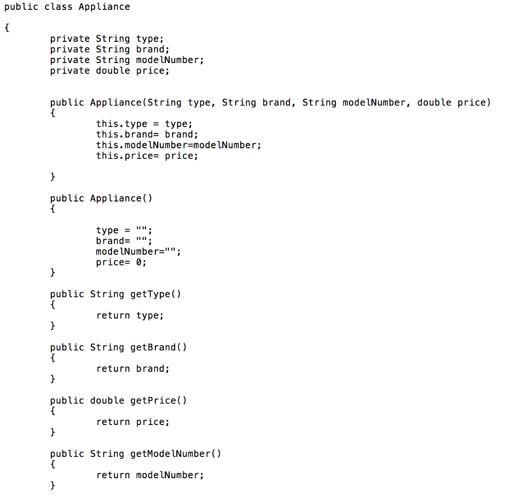 Create a class called Appliance that includes four instance variablestype, brand, model