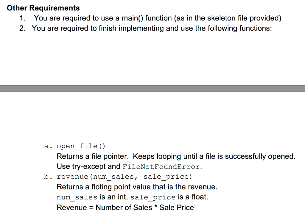 # return fp def revenue (num sales, sale price): ' ' '