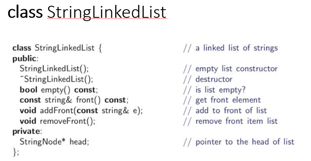  class StringLinkedList class StringLinkedList public: /a linked list of strings StringLinkedList():