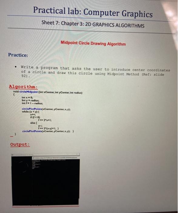  Practical lab: Computer Graphics Sheet 7: Chapter 3: 2D GRAPHICS ALGORITHMS