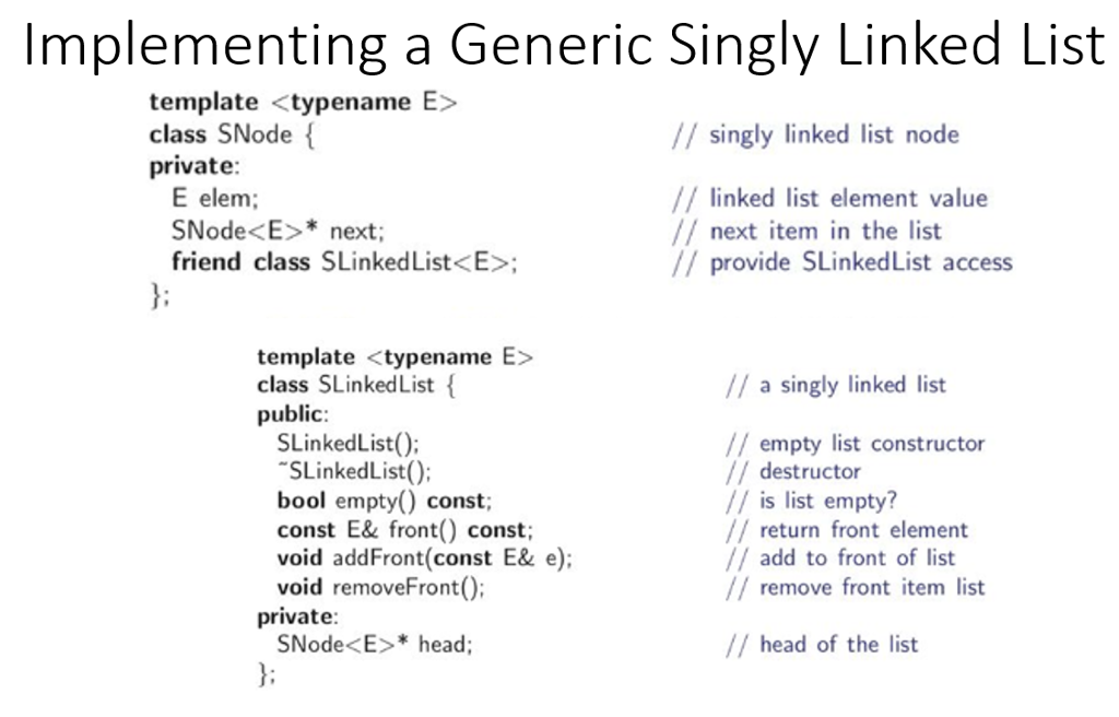 void removeFront(): // empty list constructor // destructor is list empty? //