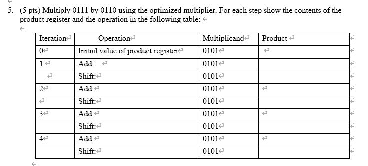  5. (5 pts) Multiply 0111 by 0110 using the optimized multiplier.
