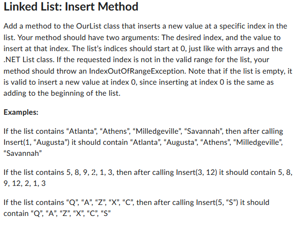 Please write in C# Add a method to the OurList class that
