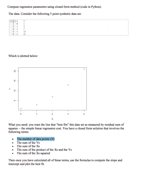  Compute regression parameters using closed form method (code in Python). The