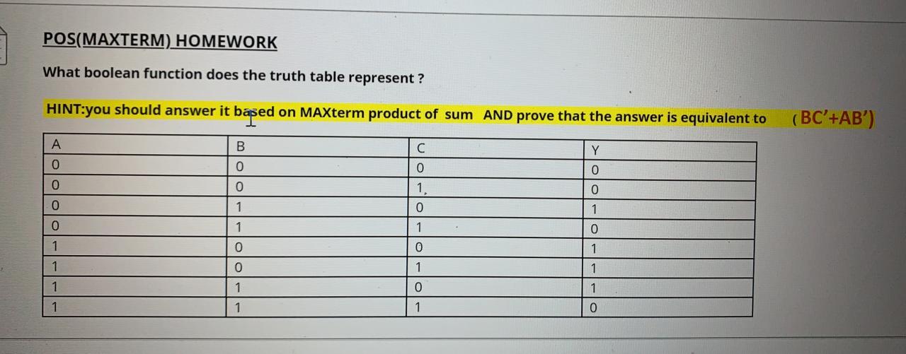  POS(MAXTERM) HOMEWORK What boolean function does the truth table represent ?