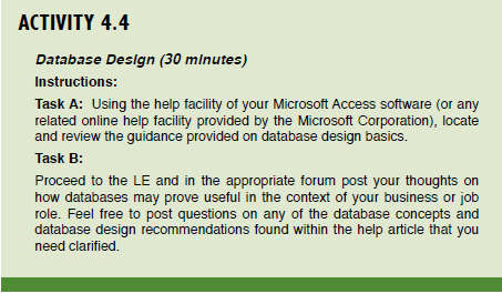  ACTIVITY 4.4 Database Design (30 minutes) Instructions: Task A: Using the