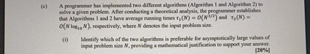  (c) A programmer has implemented two different algorithms (Algorithm 1 and