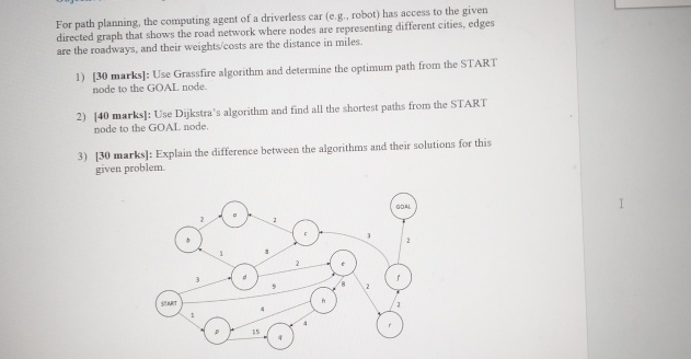  For path planning, the computing agent of a driverless car (e.g.,