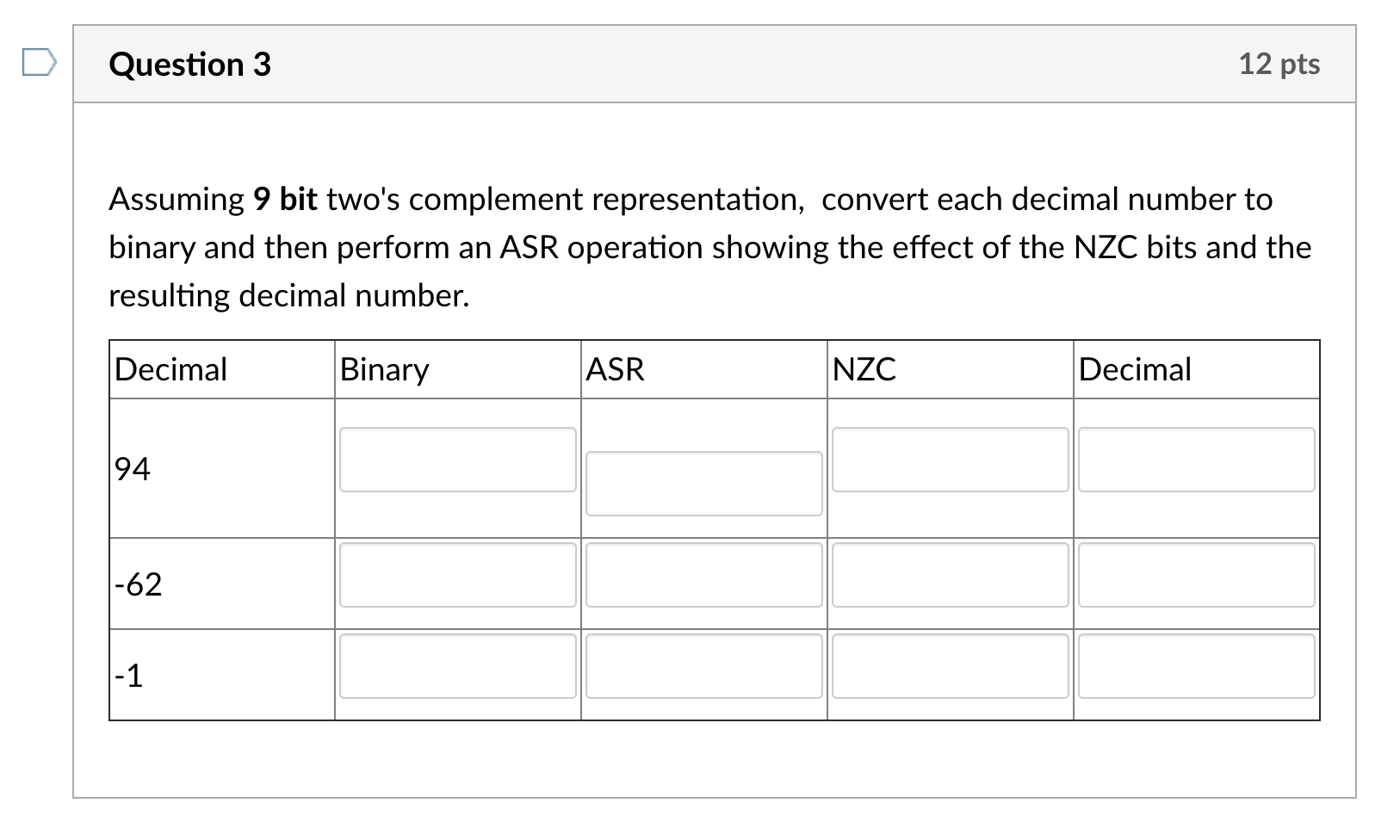  Question 3 12 pts Assuming 9 bit two's complement representation, convert