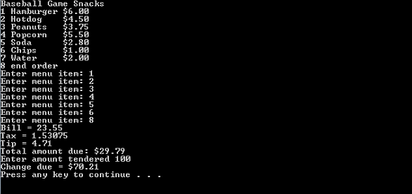 Description: Write a menu-driven C++ program for food purchases at the baseball