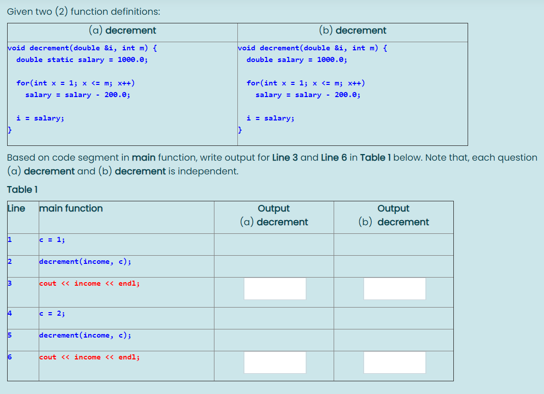  Given two (2) function definitions: (a) decrement (b) decrement void decrement(double