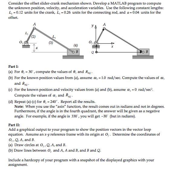  Consider the offset slider-crank mechanism shown. Develop a MATLAB program to