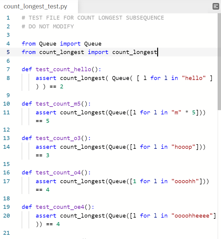 python Write a function count_longest that takes a queue of characters as