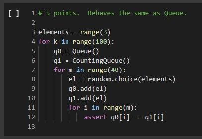 q.add("cat") 6 q.add("dog") 7 assert len(9) == 2 8 [12] == 1