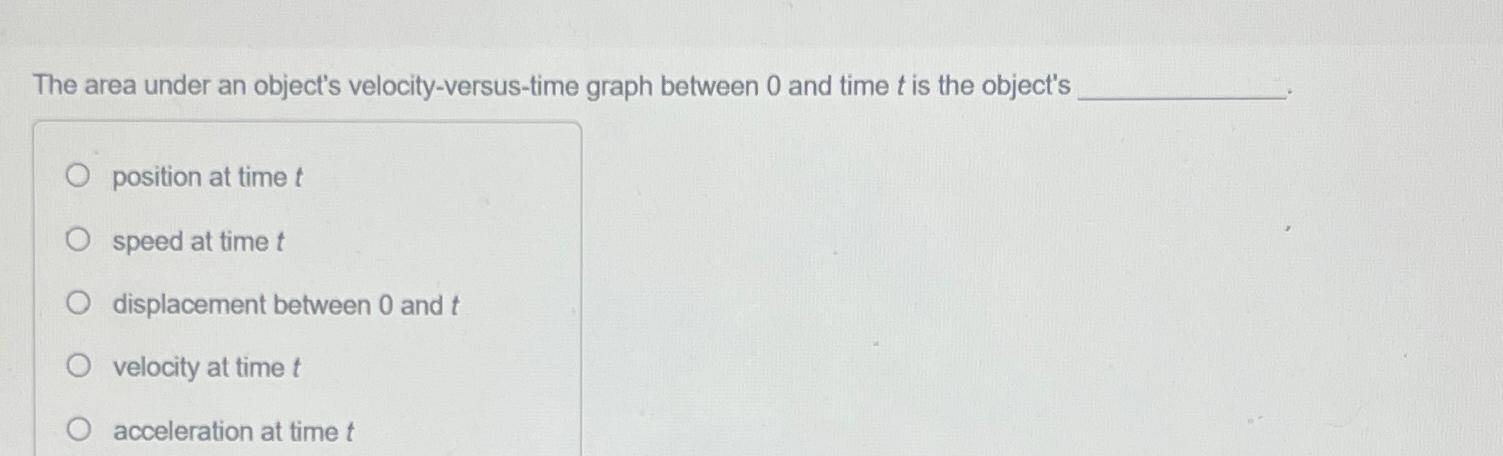  The area under an object's velocity-versus-time graph between 0 and time