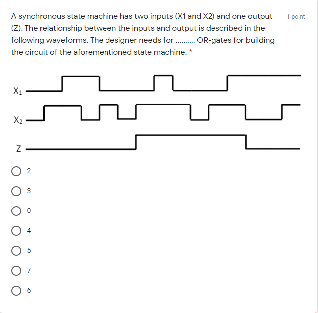 1 point A synchronous state machine has two inputs (X1 and