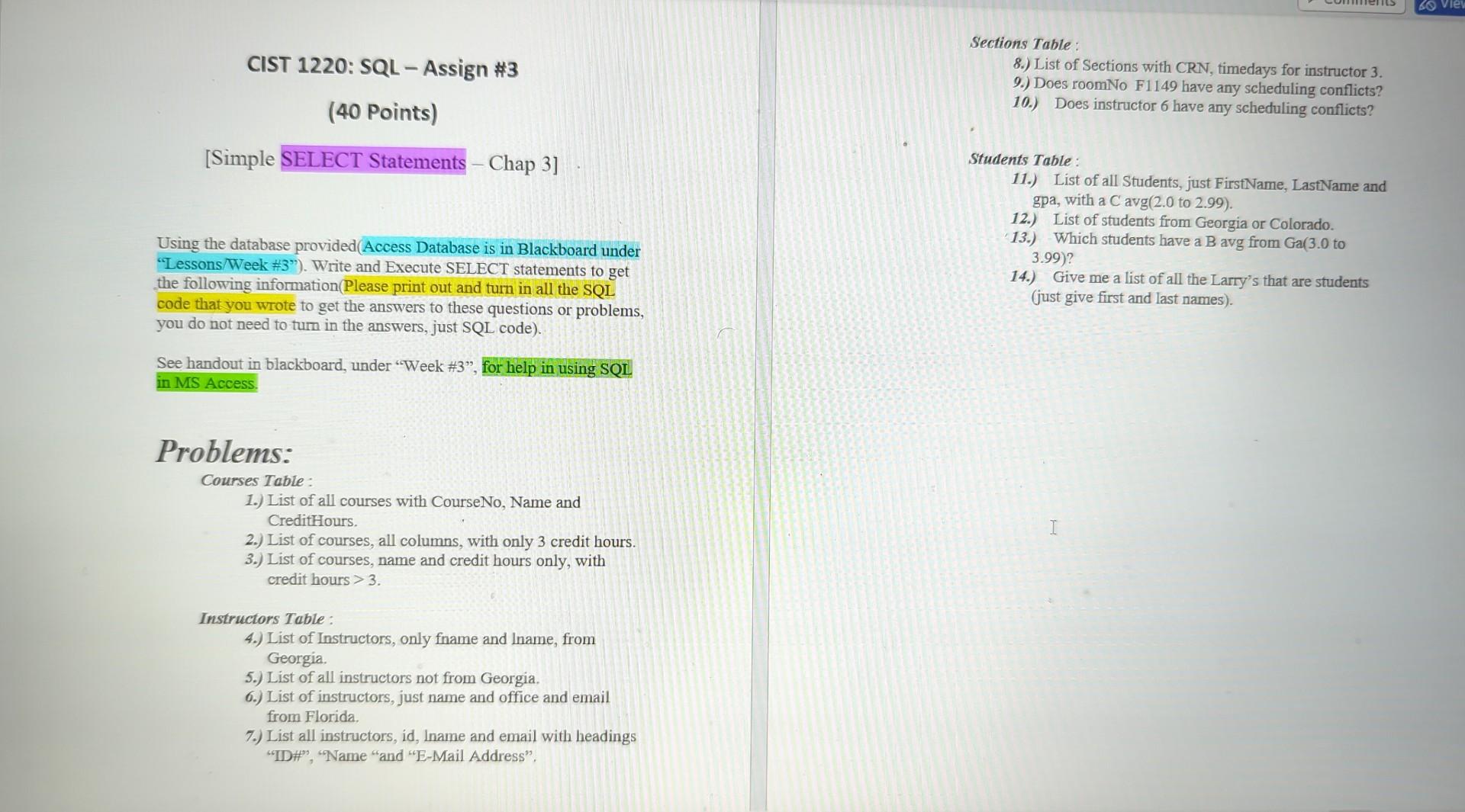 SELECT fname, Iname FROM Instructors WHERE place=-Georgia; SELECT * FROM Instructors WHERE