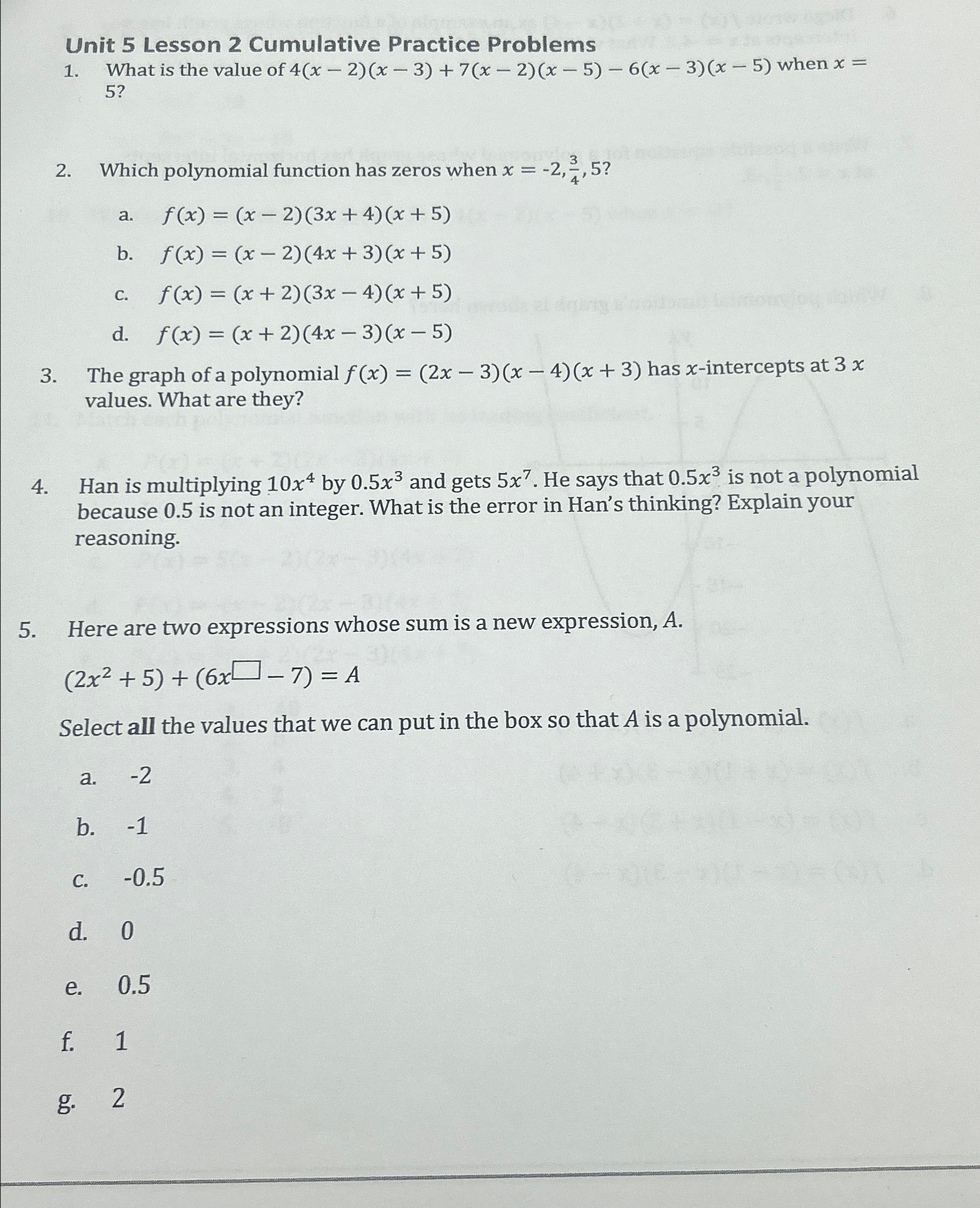Unit 5 Lesson 2 Cumulative Practice Problems\ What is the value