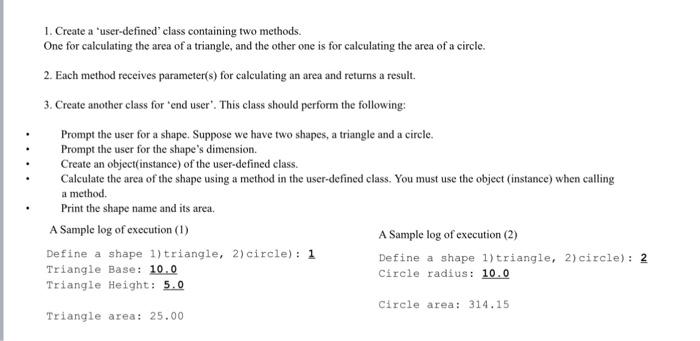 write 2 java codes1. user-defined 2. end user 1. Create a 'user-defined'