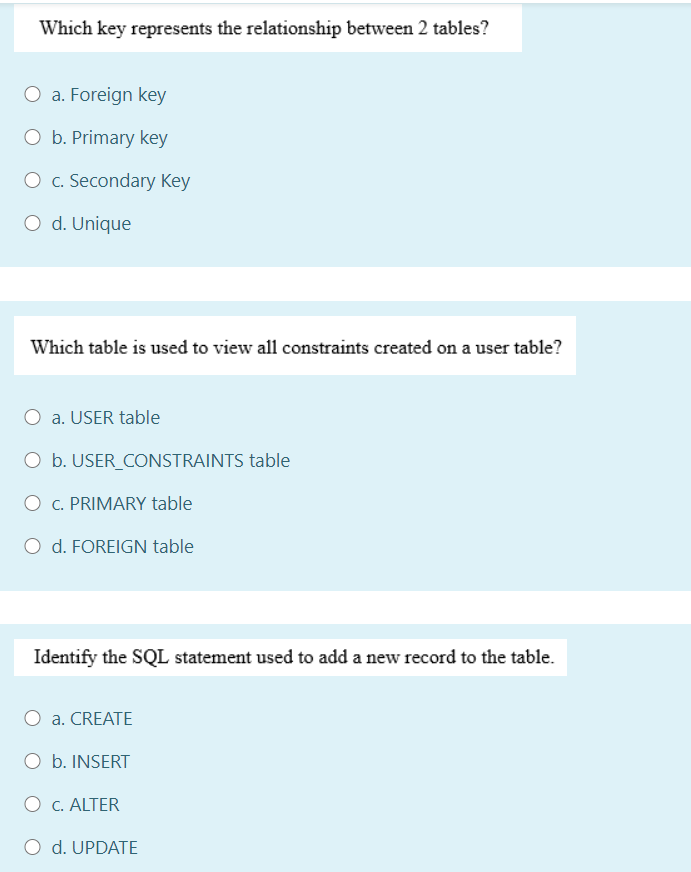  Which key represents the relationship between 2 tables? O a. Foreign