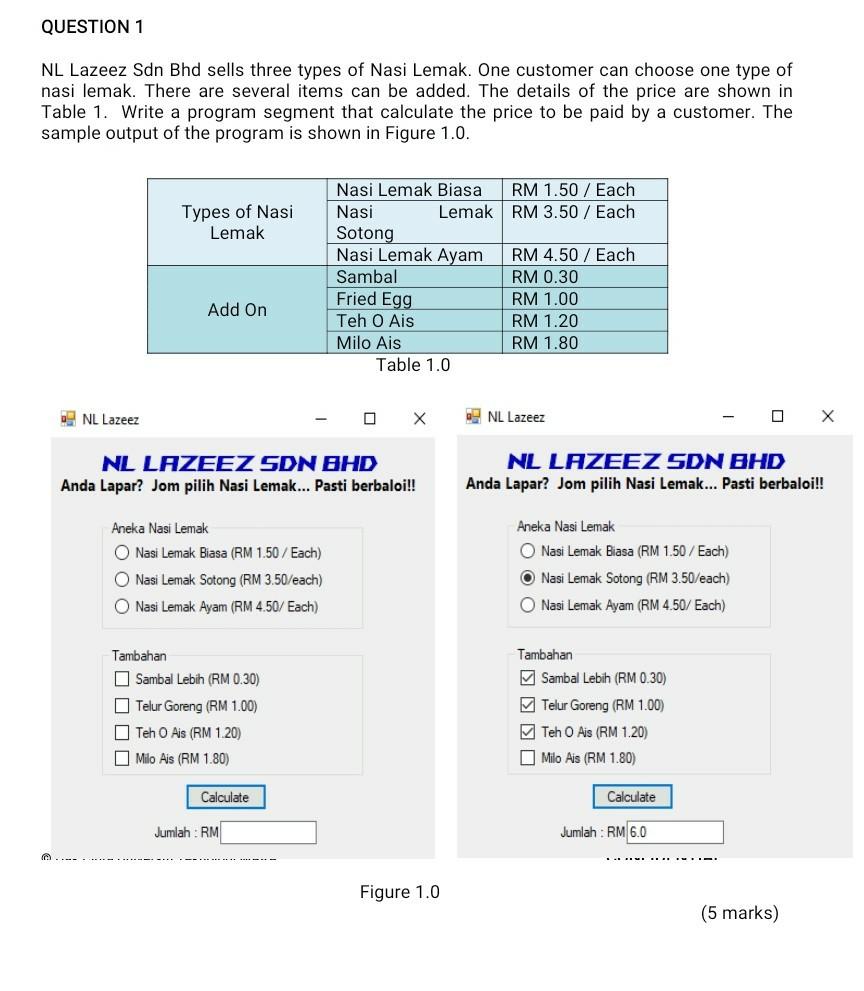 VISUAL PROGRAMMING QUESTION 1 NL Lazeez Sdn Bhd sells three types of