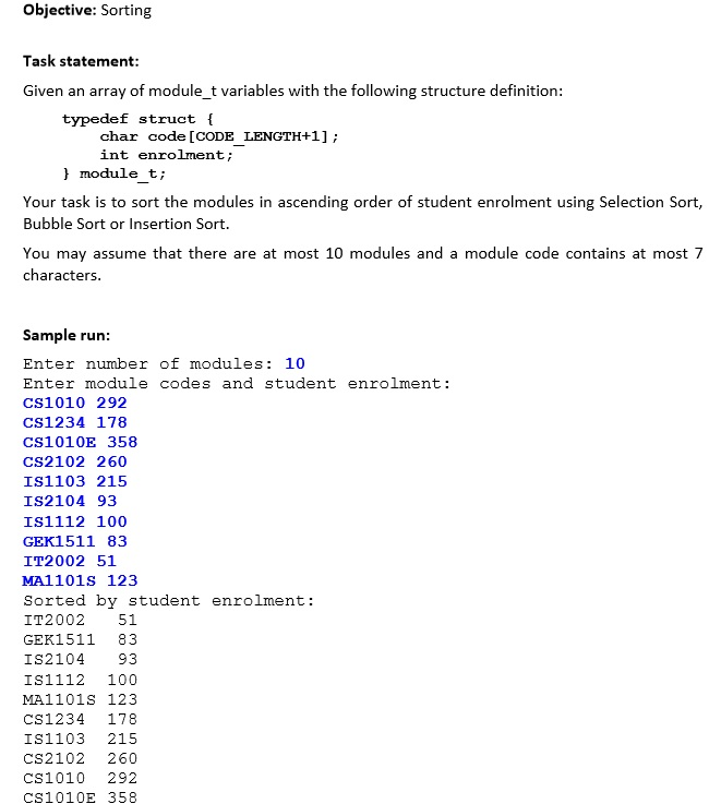 C Code - Sorting Skeleton Code: // sortModules.c // Given an array