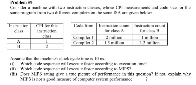  Problem #9 Consider a machine with two instruction classes, whose CPI